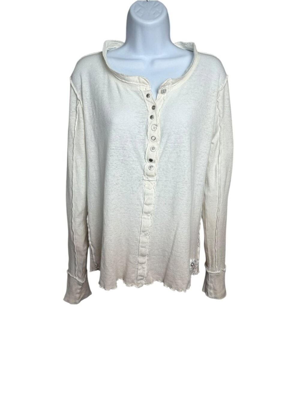 We The Free Free People M Henley Thermal Raw Seam Distressed Boho Grunge Top